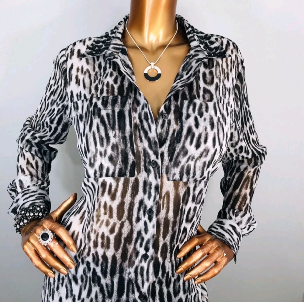 Michael Kors Animal Print MK‎ Logo Button Up Blouse Long Sleeves Collar Sheer XL